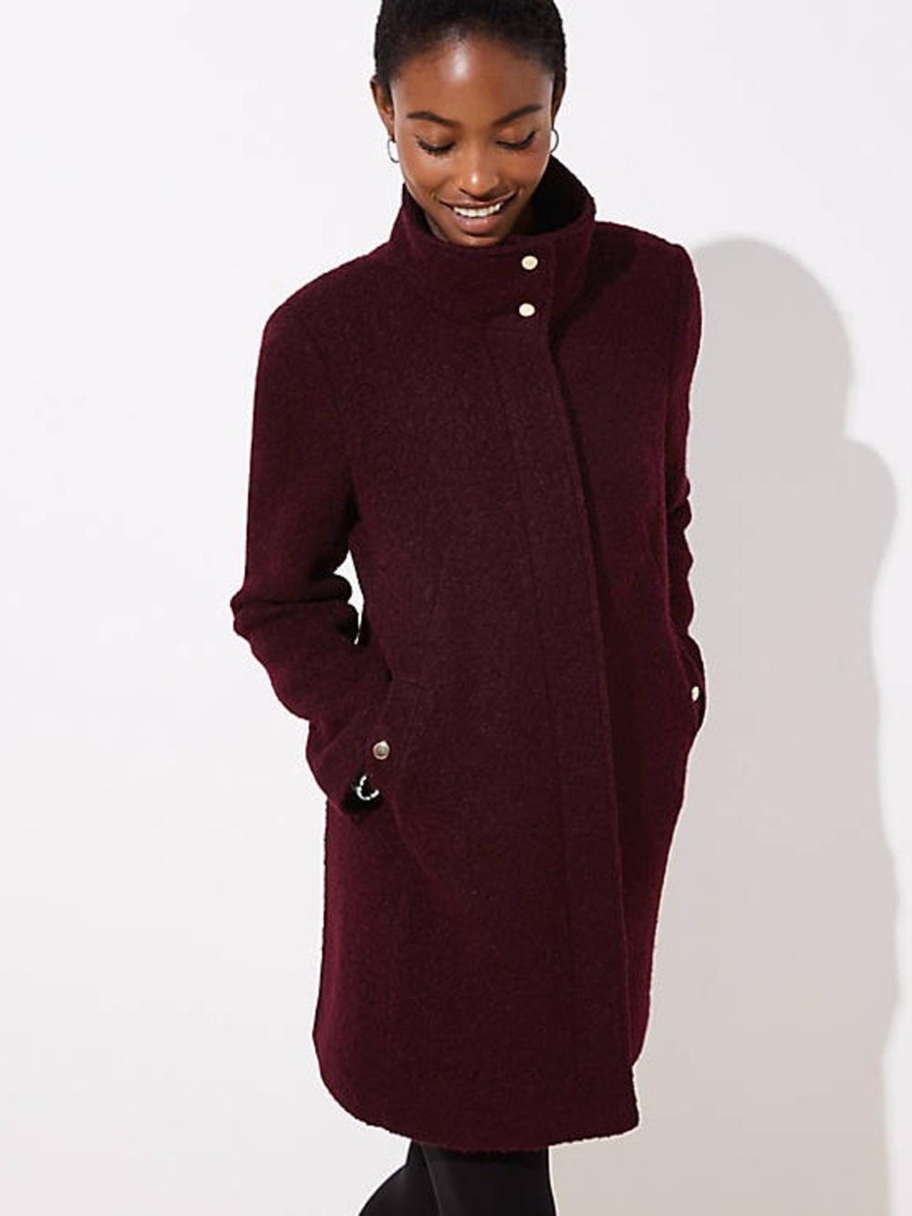 LOFT Wool-Blend Funnel Neck Collar Coat Burgundy NWT XL Warm Boucle Winter Chic